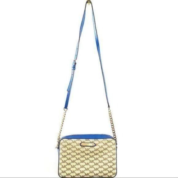 KORS Michael Kors Handbags - Michael Kors Signature Jet Set Adjustable Chain Strap Crossbody Royal Blue Tan